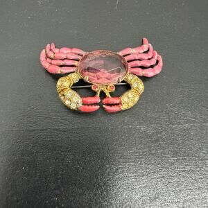 Vintage Pink Crab Brooch Glass Pink Gem Pink Legs 2 1/2 “ Vintage Jewelry